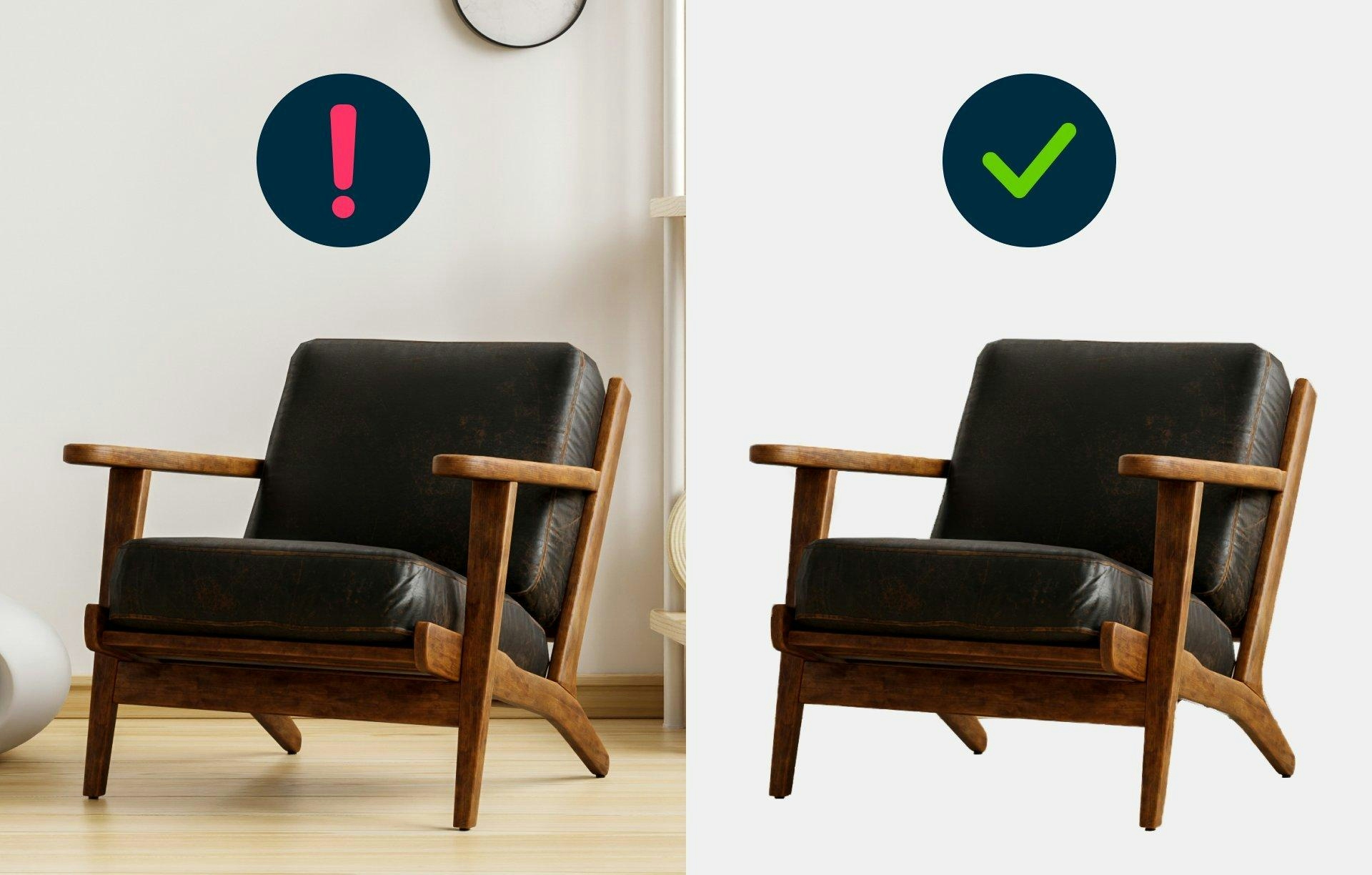 before and after image of chair when background is removed and replaced with white